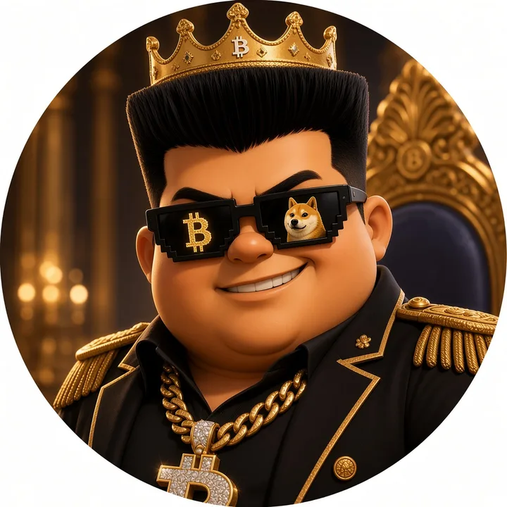 KJQ in a gold crown, pixel shades and an iced-out Bitcoin chain, in front of his gold throne